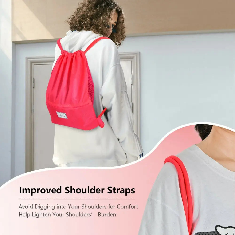 Drawstring Backpack String Bag Foldable Sports Sack with Zipper Pocket-Pink - Pink - Camping