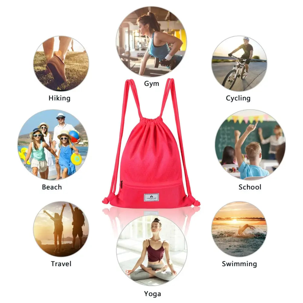 Drawstring Backpack String Bag Foldable Sports Sack with Zipper Pocket-Pink - Pink - Camping