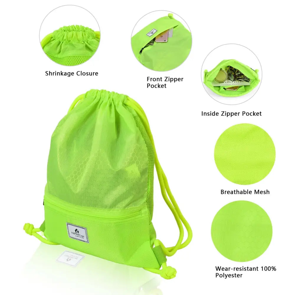 Drawstring Backpack String Bag Foldable Sports Sack with Zipper Pocket-Green - Green - Camping