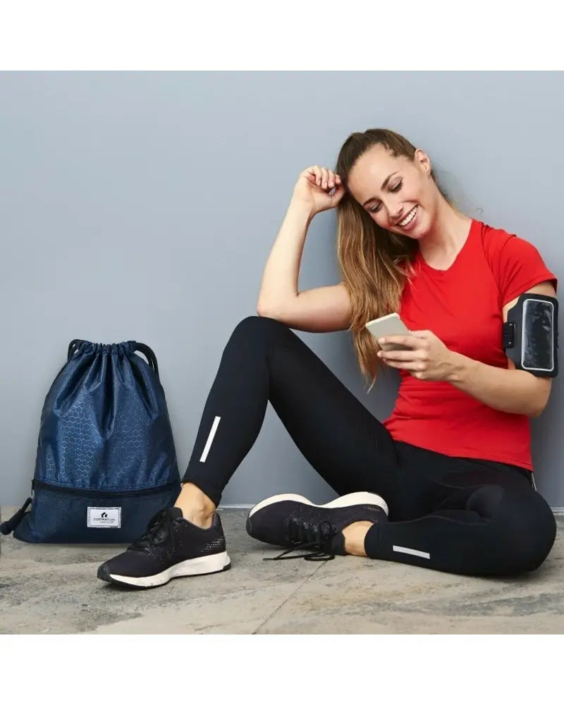 Drawstring Backpack String Bag Foldable Sports Sack with Zipper Pocket-Dark Blue - Dark Blue - Camping