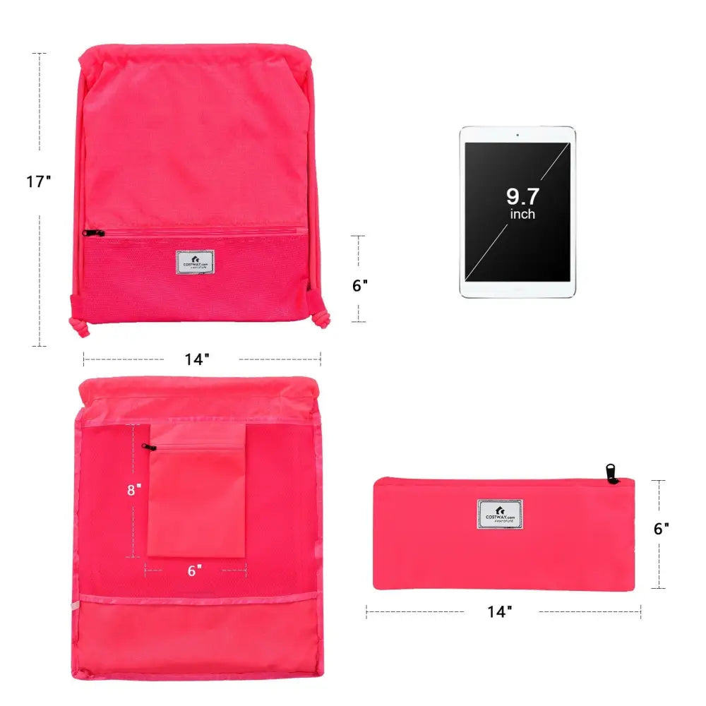 Drawstring Backpack String Bag Foldable Sports Sack with Zipper Pocket-Pink - Pink - Camping