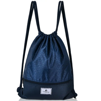 Drawstring Backpack String Bag Foldable Sports Sack with Zipper Pocket-Dark Blue - Dark Blue - Camping