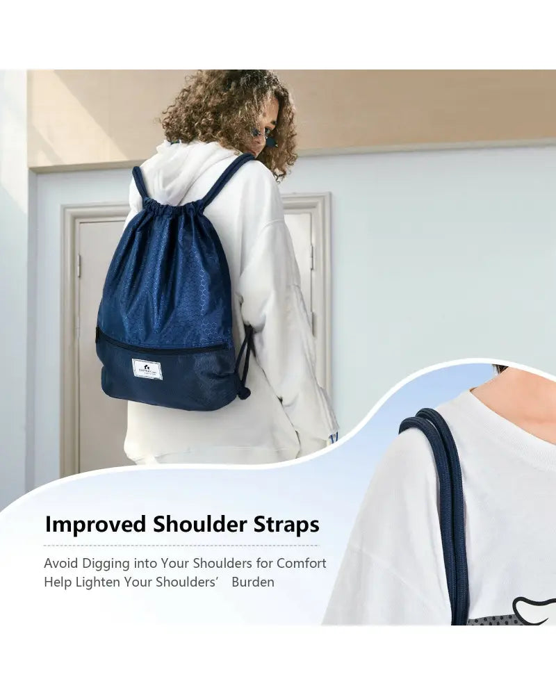 Drawstring Backpack String Bag Foldable Sports Sack with Zipper Pocket-Dark Blue - Dark Blue - Camping