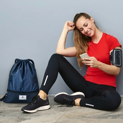 Drawstring Backpack String Bag Foldable Sports Sack with Zipper Pocket-Dark Blue - Dark Blue - Camping