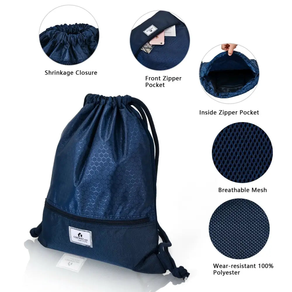 Drawstring Backpack String Bag Foldable Sports Sack with Zipper Pocket-Dark Blue - Dark Blue - Camping