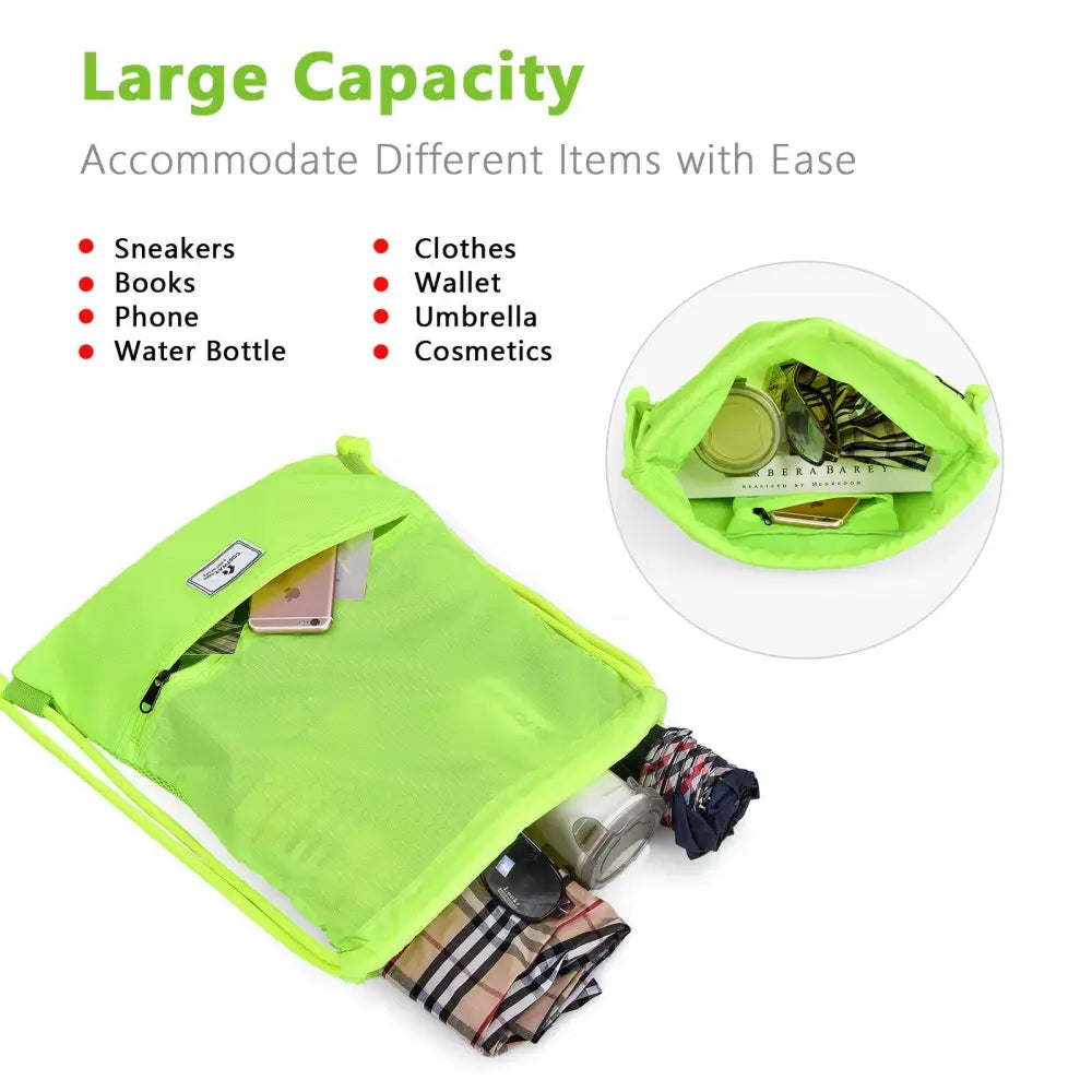 Drawstring Backpack String Bag Foldable Sports Sack with Zipper Pocket-Green - Green - Camping