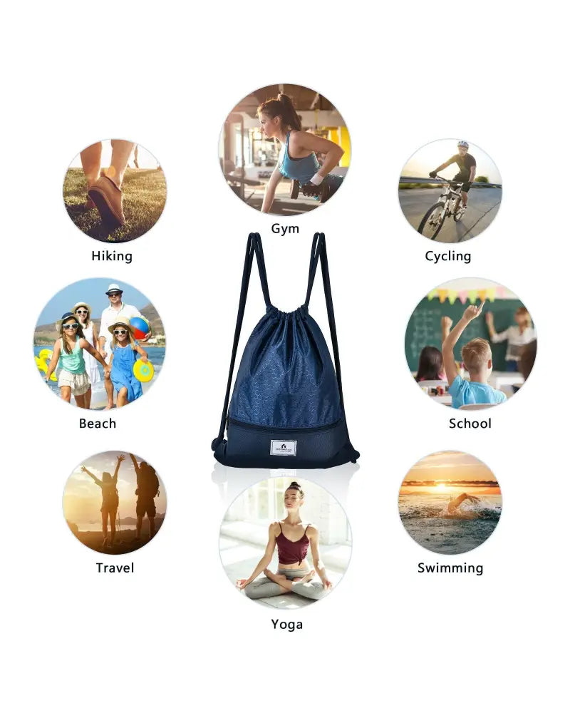 Drawstring Backpack String Bag Foldable Sports Sack with Zipper Pocket-Dark Blue - Dark Blue - Camping