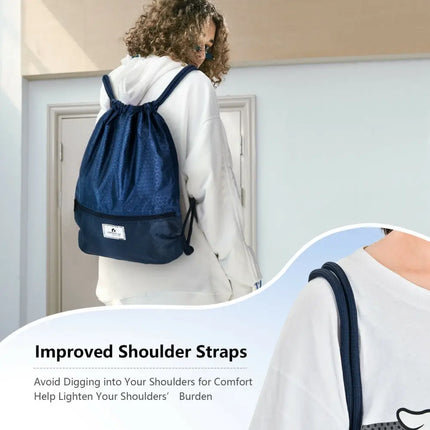 Drawstring Backpack String Bag Foldable Sports Sack with Zipper Pocket-Dark Blue - Dark Blue - Camping