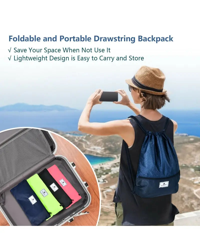 Drawstring Backpack String Bag Foldable Sports Sack with Zipper Pocket-Dark Blue - Dark Blue - Camping