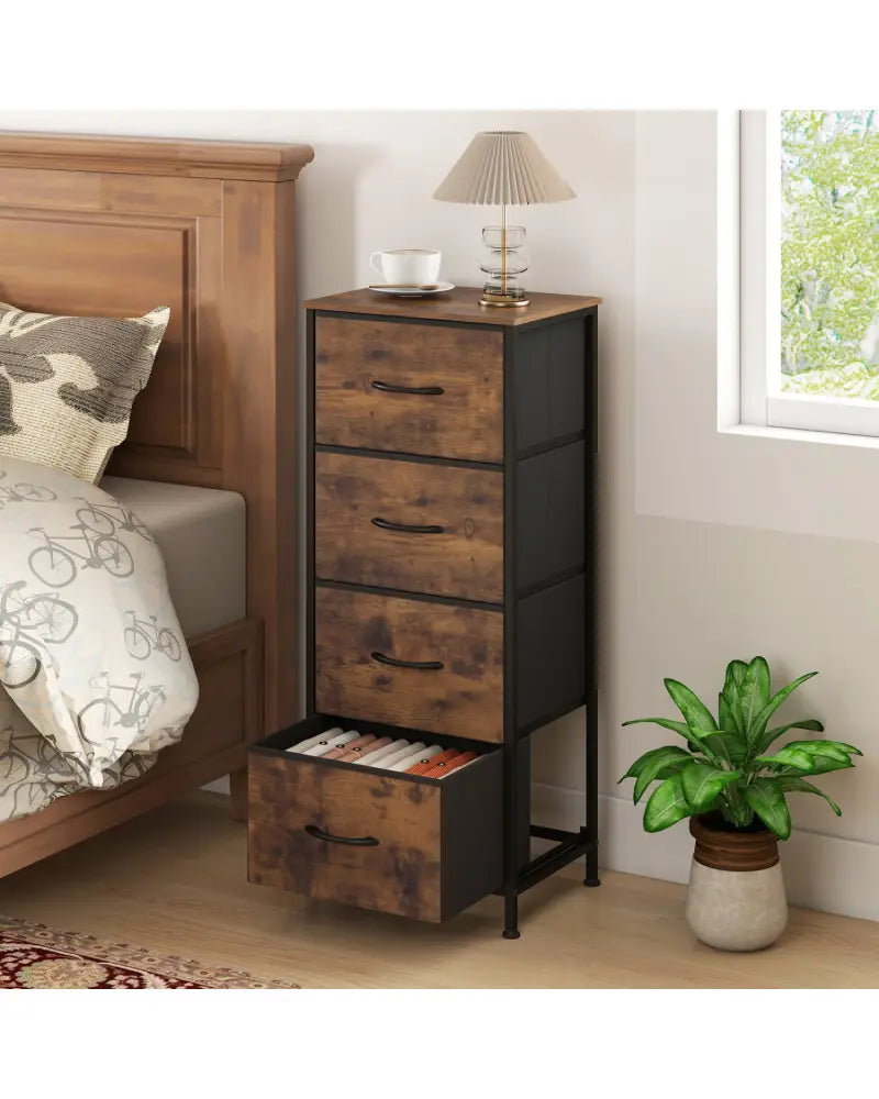 Dresser Nightstand with 4 Roomy Fabric Drawers and Metal Frame-Brown - Rustic Brown - Dressers & Chests