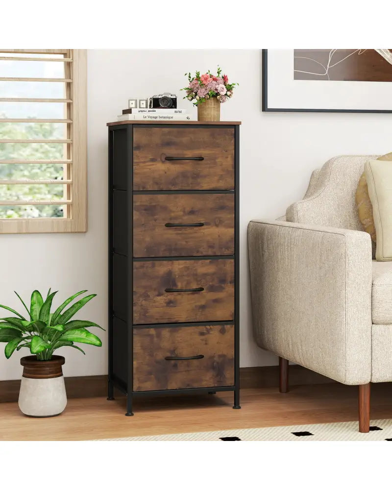 Dresser Nightstand with 4 Roomy Fabric Drawers and Metal Frame-Brown - Rustic Brown - Dressers & Chests