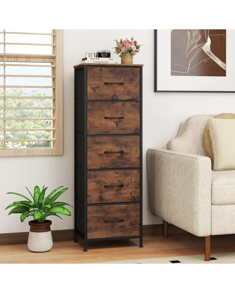Dresser Nightstand with 5 Roomy Fabric Drawers for Bedroom-Rustic Brown - Rustic Brown - Dressers & Chests