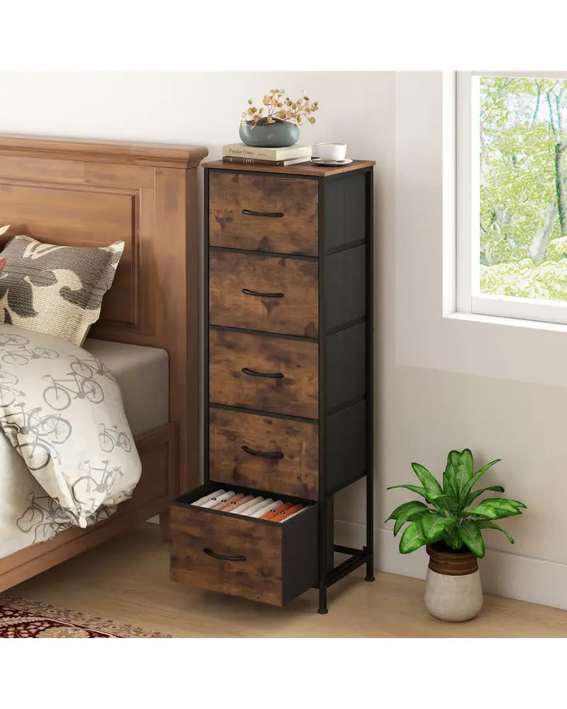 Dresser Nightstand with 5 Roomy Fabric Drawers for Bedroom-Rustic Brown - Rustic Brown - Dressers & Chests