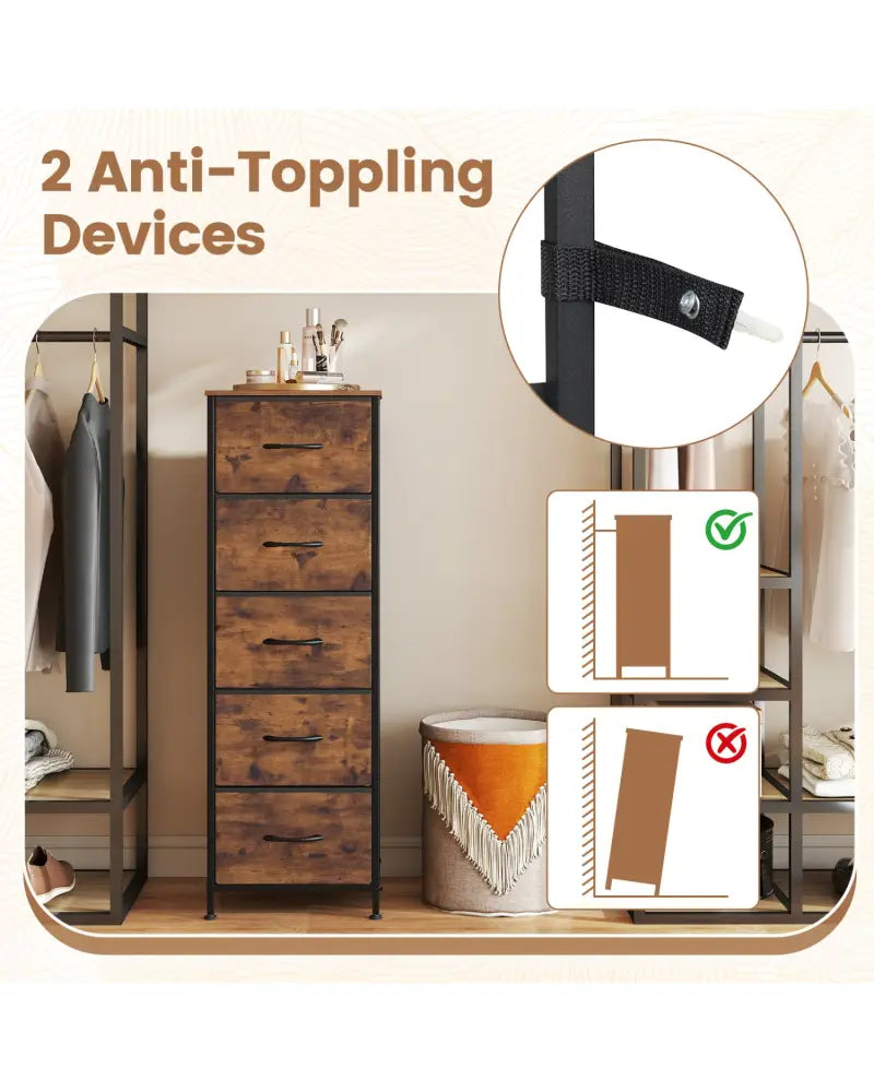 Dresser Nightstand with 5 Roomy Fabric Drawers for Bedroom-Rustic Brown - Rustic Brown - Dressers & Chests