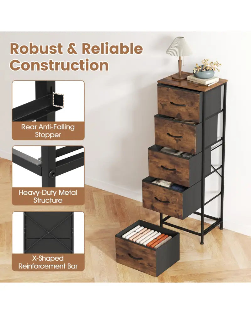 Dresser Nightstand with 5 Roomy Fabric Drawers for Bedroom-Rustic Brown - Rustic Brown - Dressers & Chests