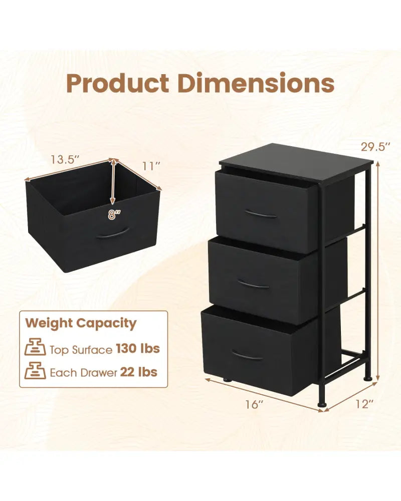 Dresser Nightstand with Roomy Fabric Drawers for Bedroom Storage Cabinet with Metal Frame-Dark Black - Black - Dressers