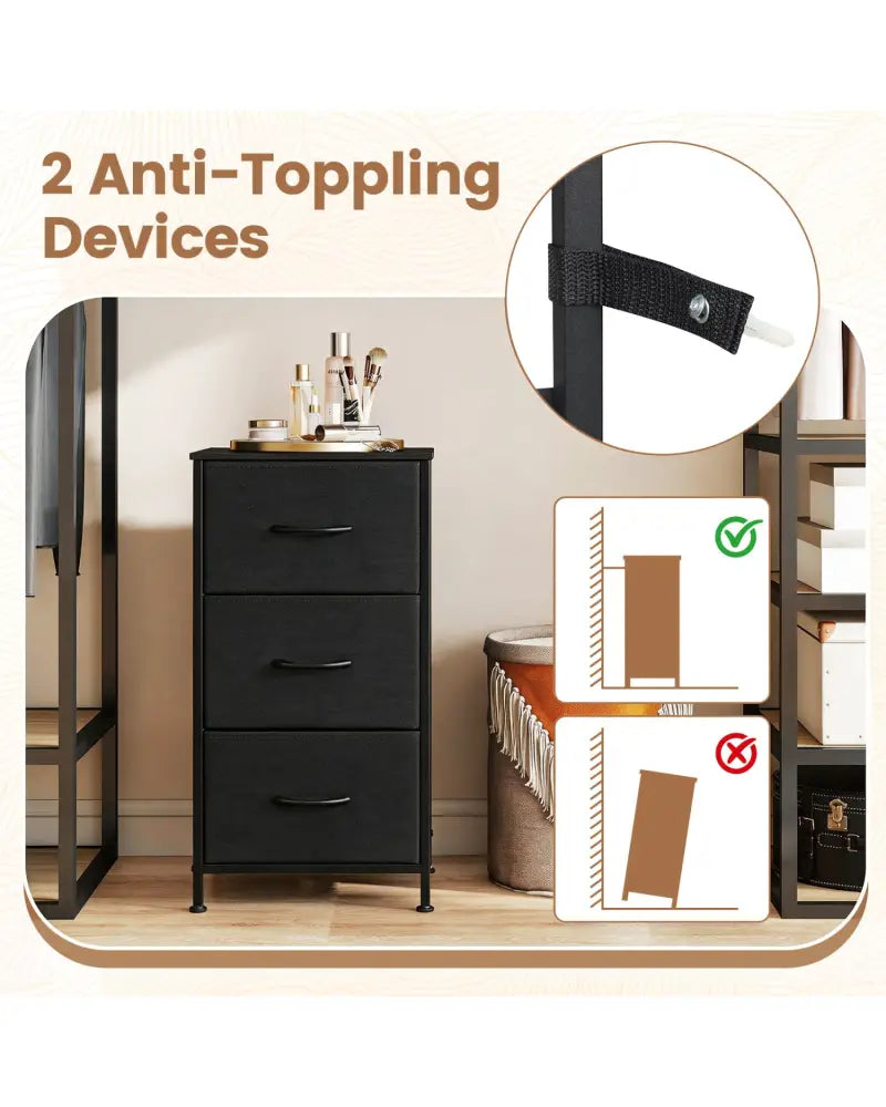 Dresser Nightstand with Roomy Fabric Drawers for Bedroom Storage Cabinet with Metal Frame-Dark Black - Black - Dressers