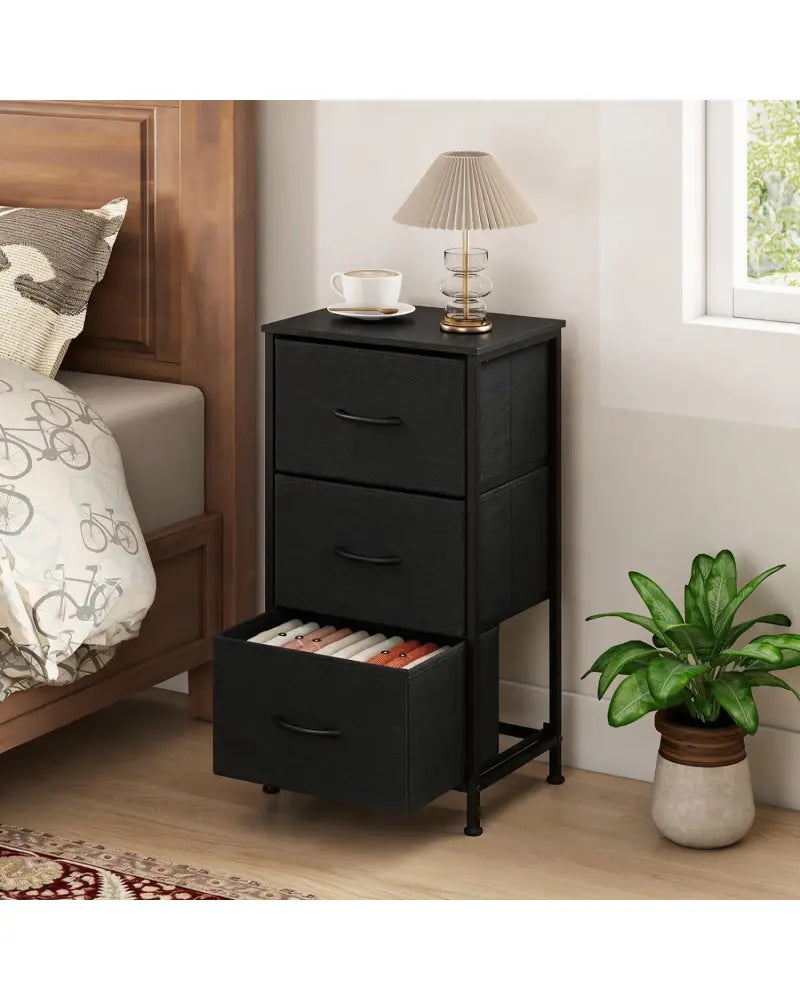 Dresser Nightstand with Roomy Fabric Drawers for Bedroom Storage Cabinet with Metal Frame-Dark Black - Black - Dressers