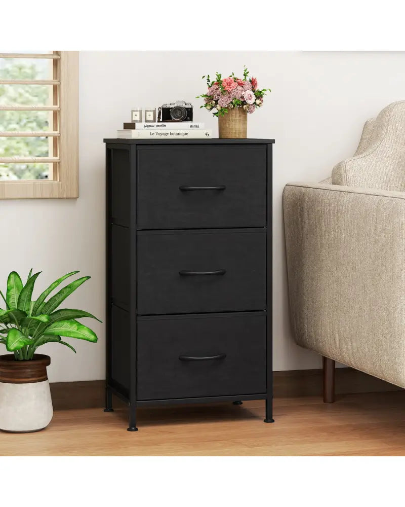 Dresser Nightstand with Roomy Fabric Drawers for Bedroom Storage Cabinet with Metal Frame-Dark Black - Black - Dressers