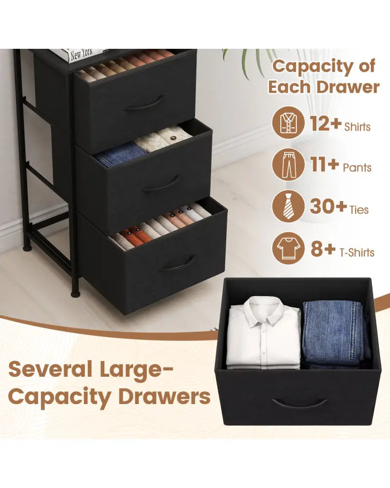 Dresser Nightstand with Roomy Fabric Drawers for Bedroom Storage Cabinet with Metal Frame-Dark Black - Black - Dressers