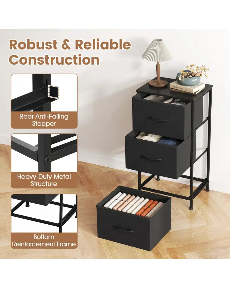 Dresser Nightstand with Roomy Fabric Drawers for Bedroom Storage Cabinet with Metal Frame-Dark Black - Black - Dressers