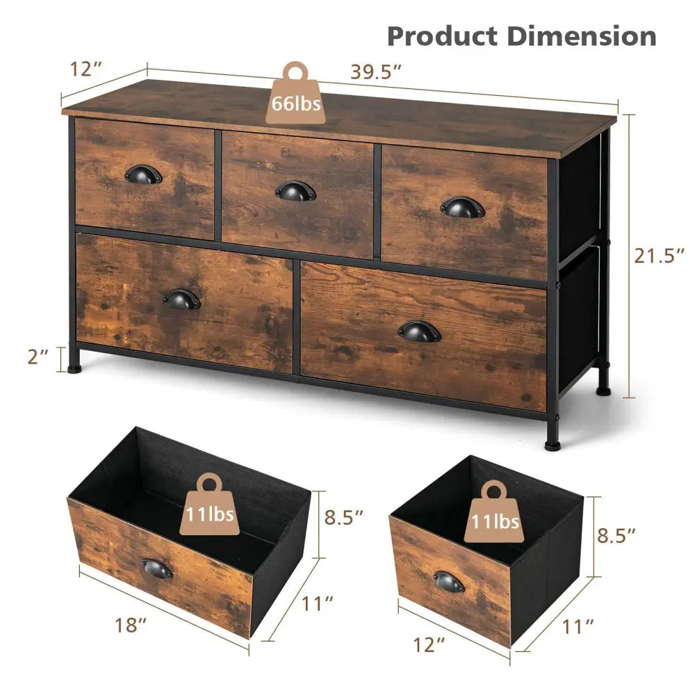 Dresser Organizer with 5 Drawers and Wooden Top-Rustic Brown - Rustic Brown - Dressers & Chests