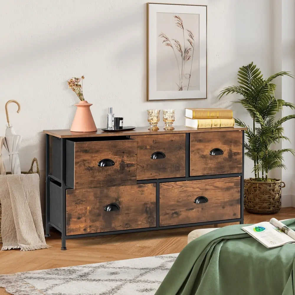 Dresser Organizer with 5 Drawers and Wooden Top-Rustic Brown - Rustic Brown - Dressers & Chests