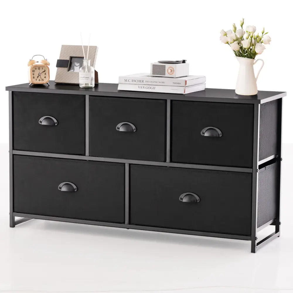 Dresser Storage Tower with 5 Foldable Cloth Storage Cubes-Black - Black - Dressers & Chests