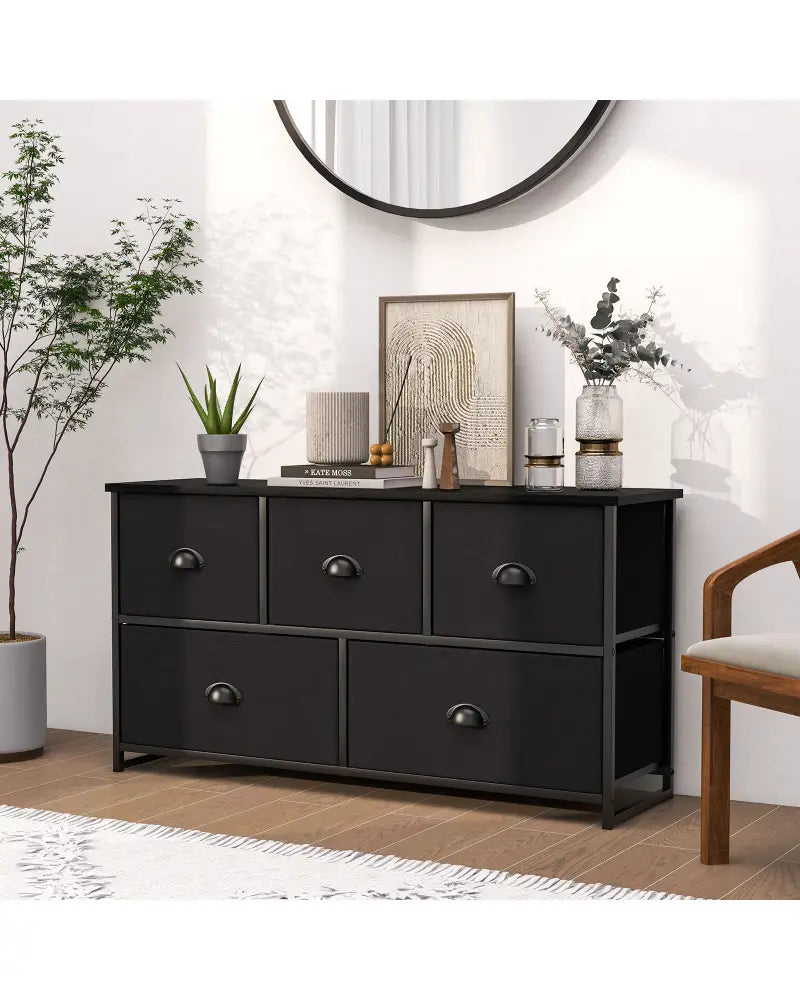 Dresser Storage Tower with 5 Foldable Cloth Storage Cubes-Black - Black - Dressers & Chests