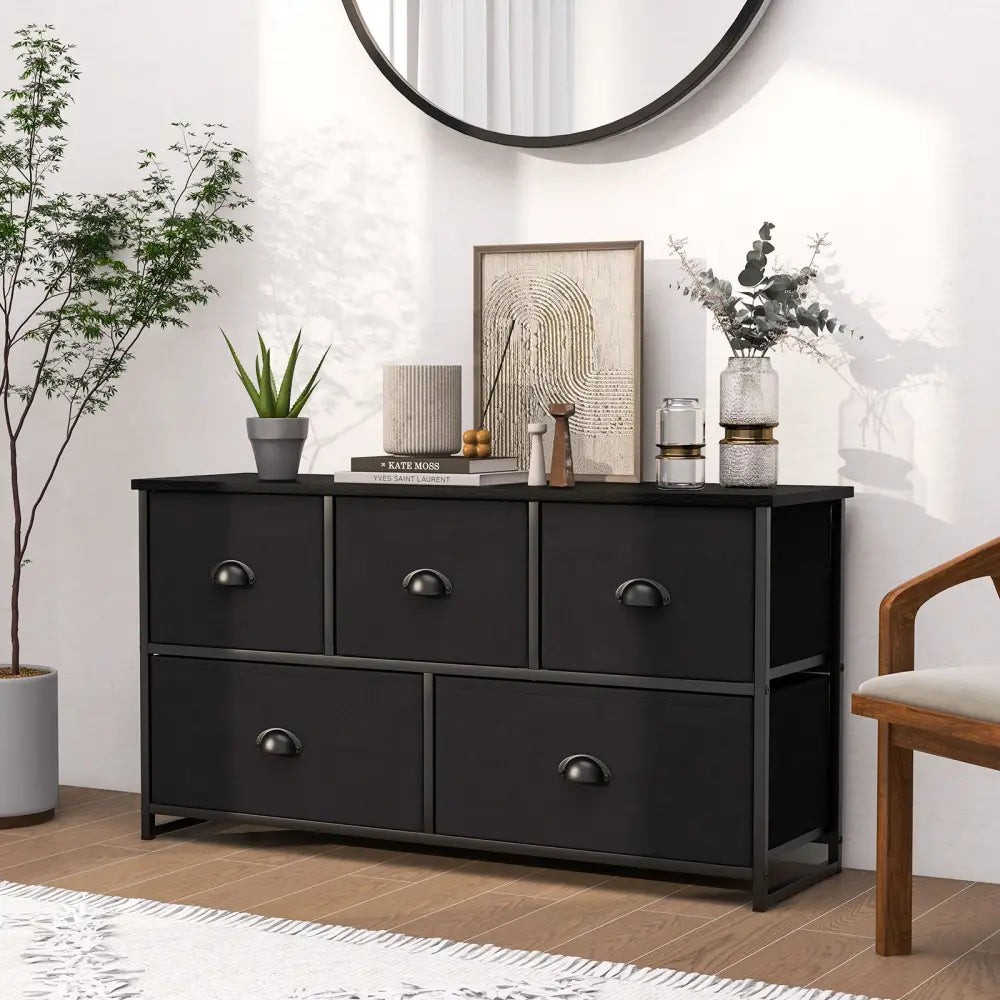 Dresser Storage Tower with 5 Foldable Cloth Storage Cubes-Black - Black - Dressers & Chests