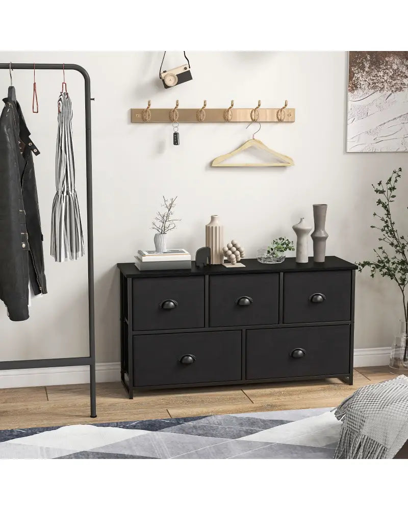 Dresser Storage Tower with 5 Foldable Cloth Storage Cubes-Black - Black - Dressers & Chests