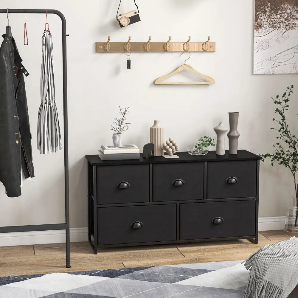 Dresser Storage Tower with 5 Foldable Cloth Storage Cubes-Black - Black - Dressers & Chests