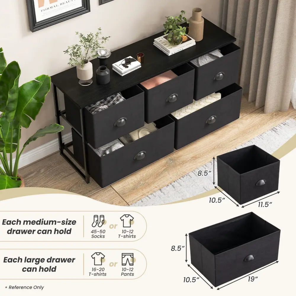 Dresser Storage Tower with 5 Foldable Cloth Storage Cubes-Black - Black - Dressers & Chests