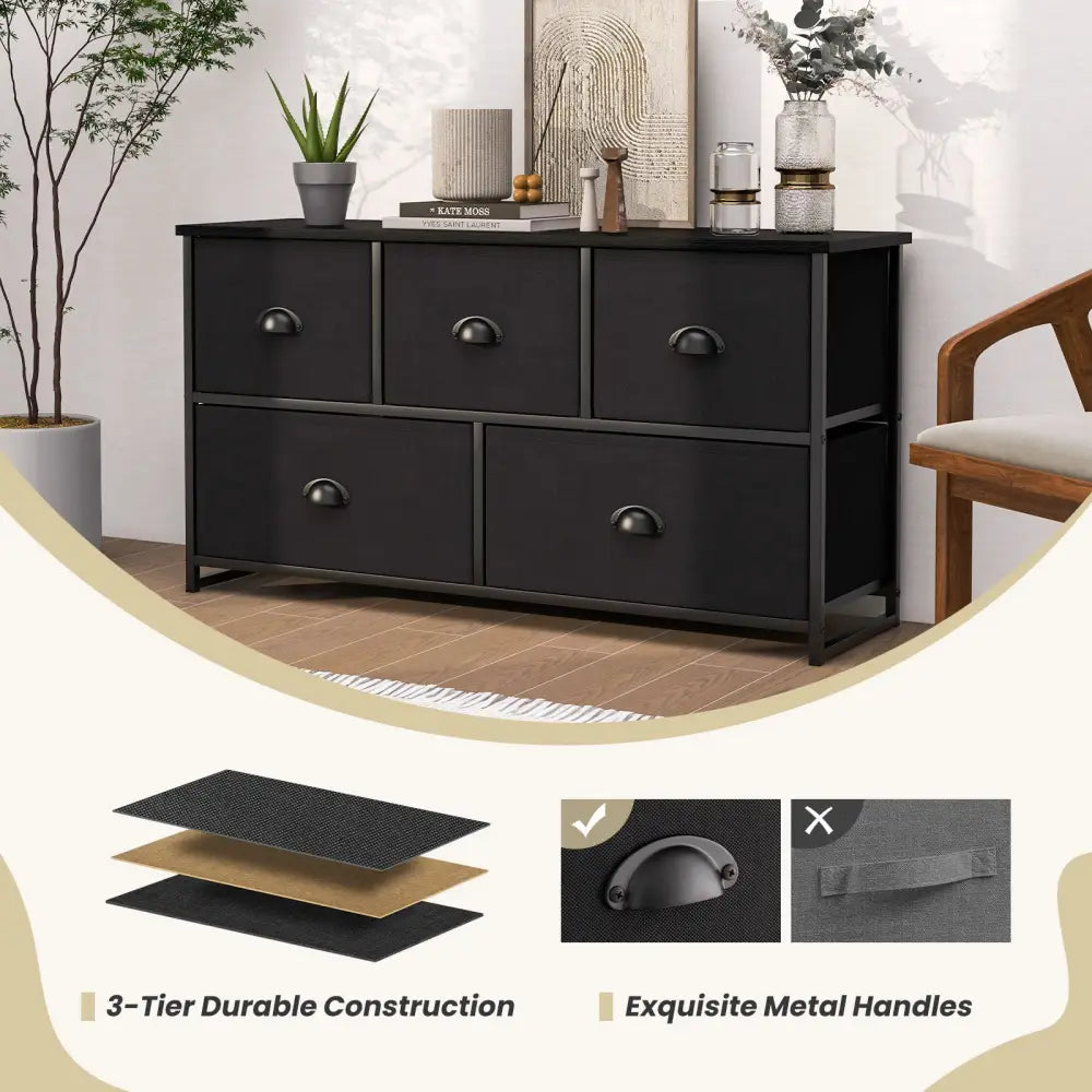 Dresser Storage Tower with 5 Foldable Cloth Storage Cubes-Black - Black - Dressers & Chests