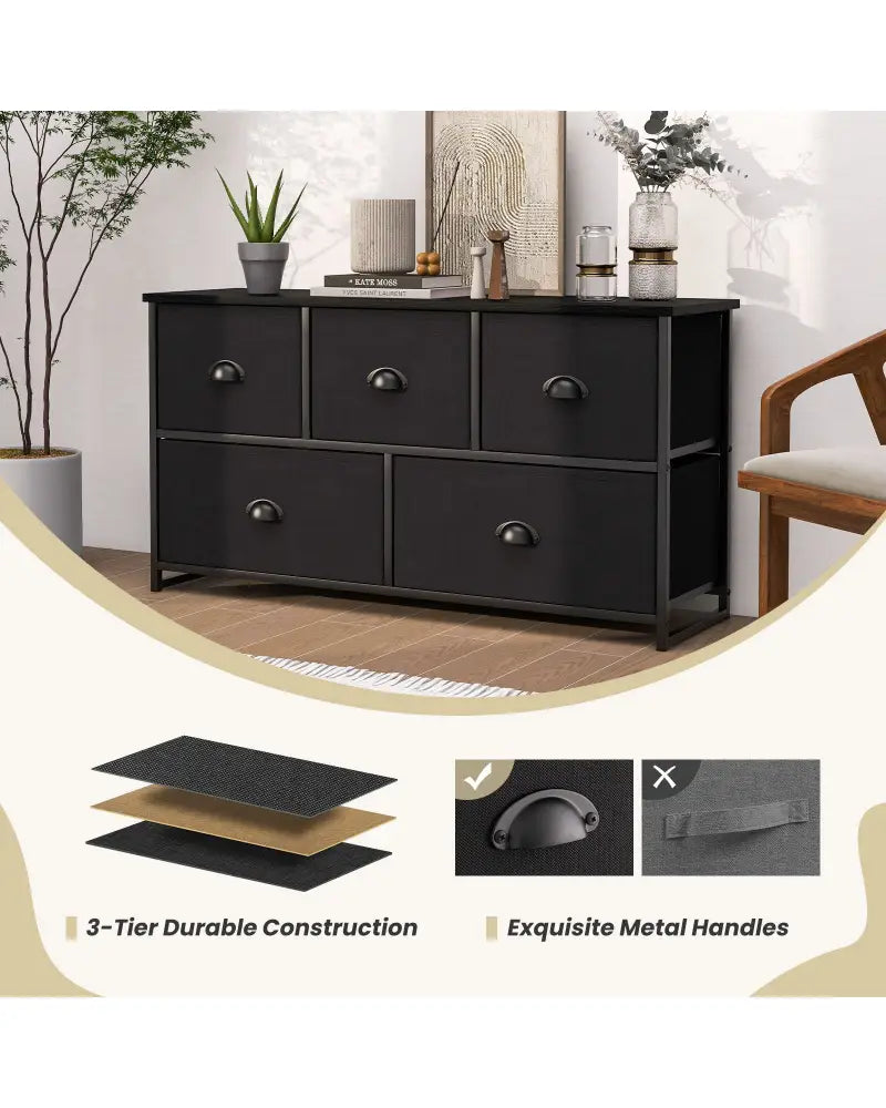 Dresser Storage Tower with 5 Foldable Cloth Storage Cubes-Black - Black - Dressers & Chests