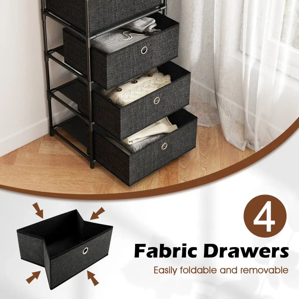 Dresser with 3/4 Drawers Fabric Storage Tower with Wood Top and Metal Frame-L - Black - Dressers & Chests