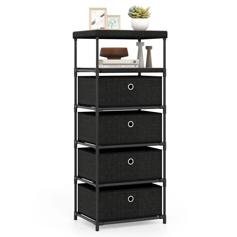 Dresser with 3/4 Drawers Fabric Storage Tower with Wood Top and Metal Frame-L - Black - Dressers & Chests