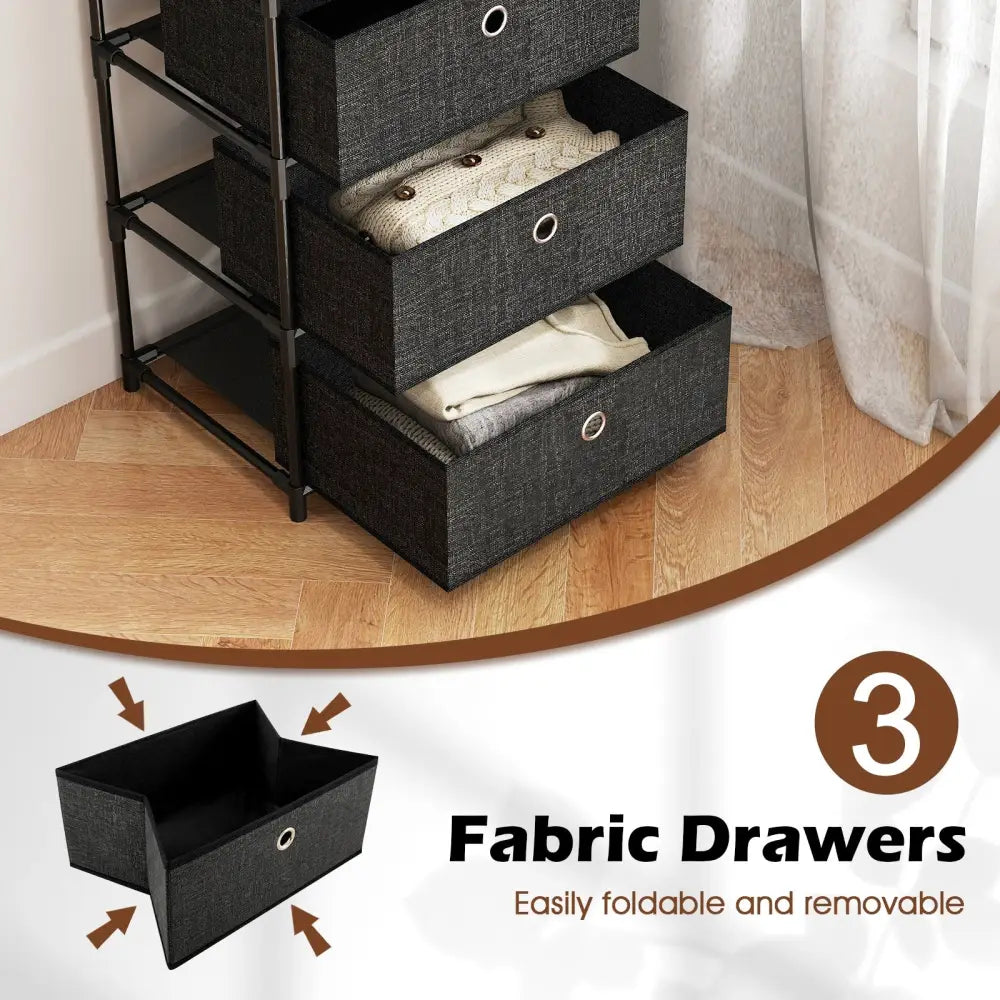 Dresser with 3/4 Drawers Fabric Storage Tower with Wood Top and Metal Frame-M - Black - Dressers & Chests