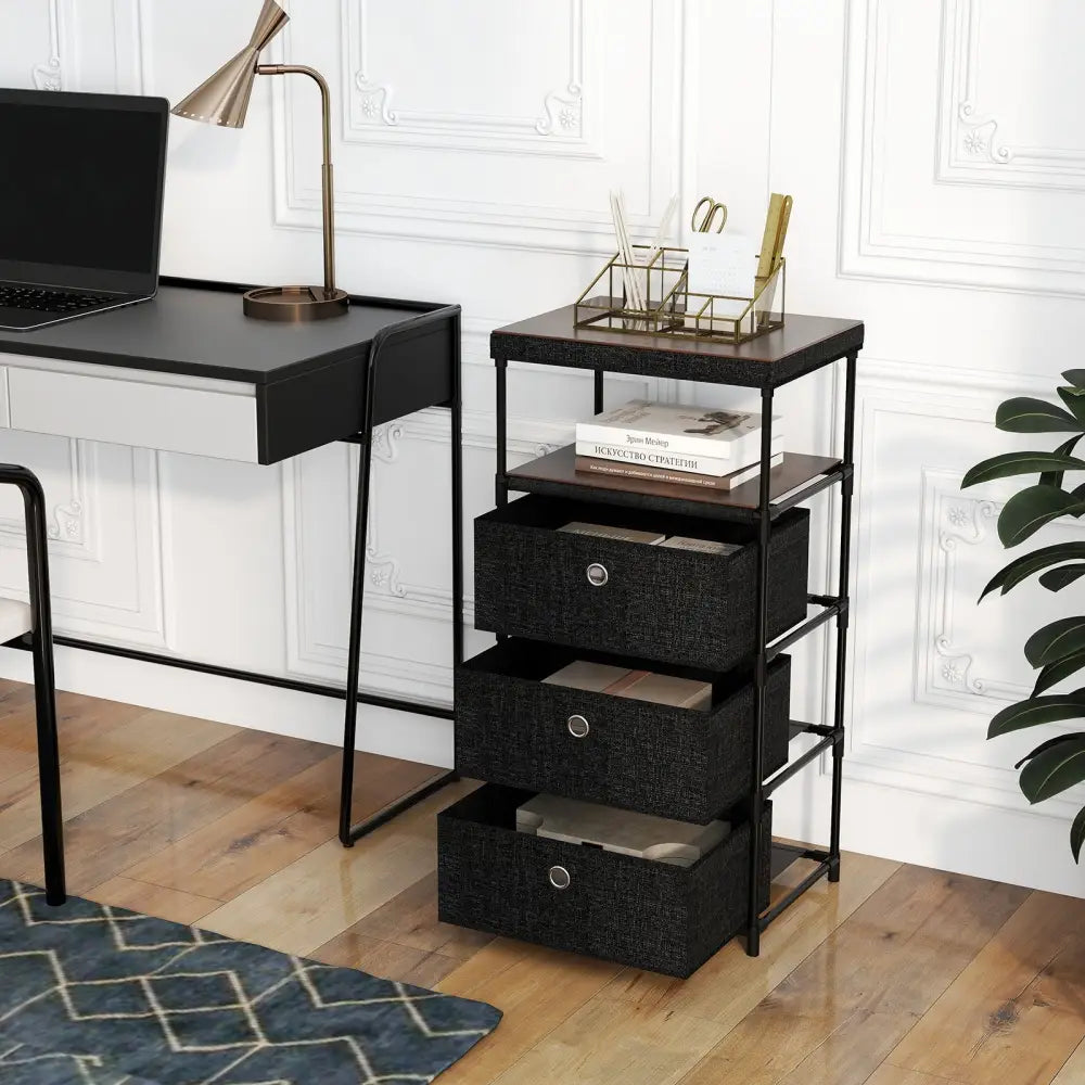 Dresser with 3/4 Drawers Fabric Storage Tower with Wood Top and Metal Frame-M - Black - Dressers & Chests