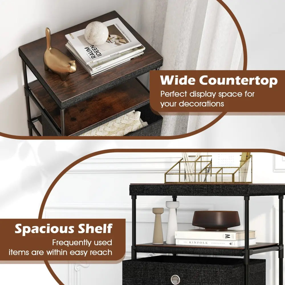 Dresser with 3/4 Drawers Fabric Storage Tower with Wood Top and Metal Frame-M - Black - Dressers & Chests