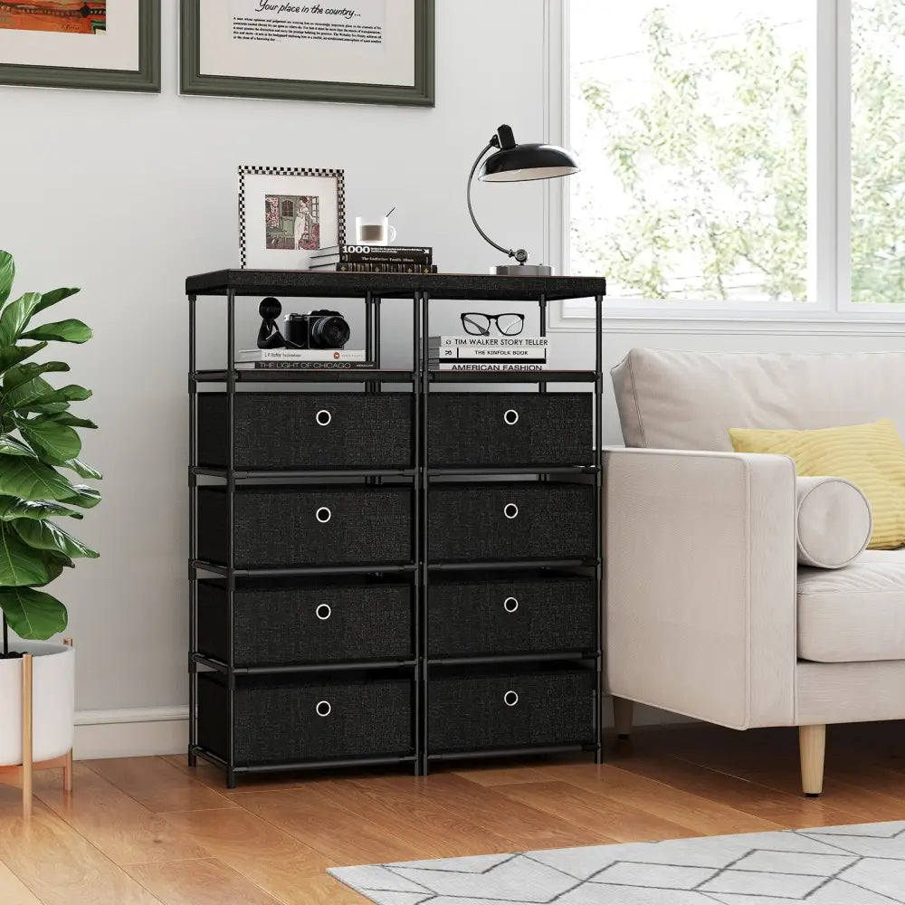 Dresser with 3/4 Drawers Fabric Storage Tower with Wood Top and Metal Frame-L - Black - Dressers & Chests