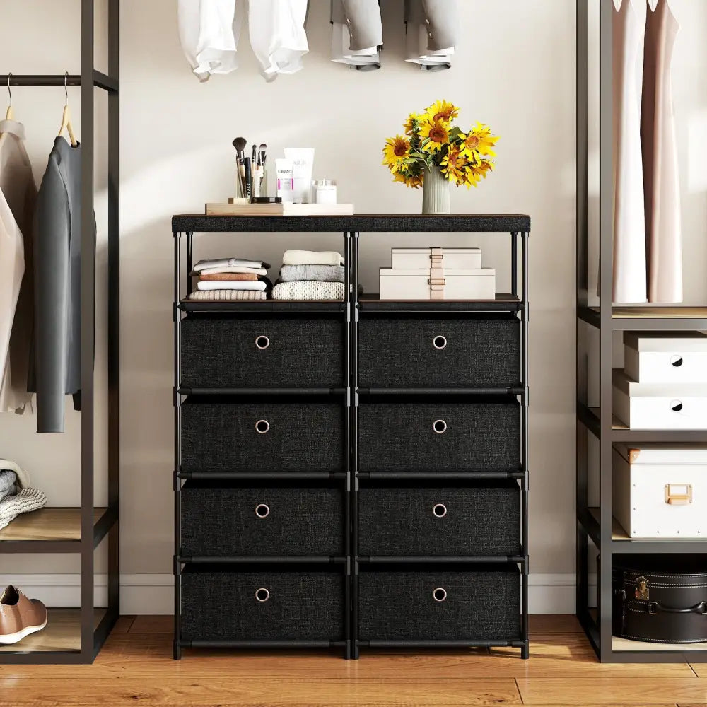 Dresser with 3/4 Drawers Fabric Storage Tower with Wood Top and Metal Frame-L - Black - Dressers & Chests