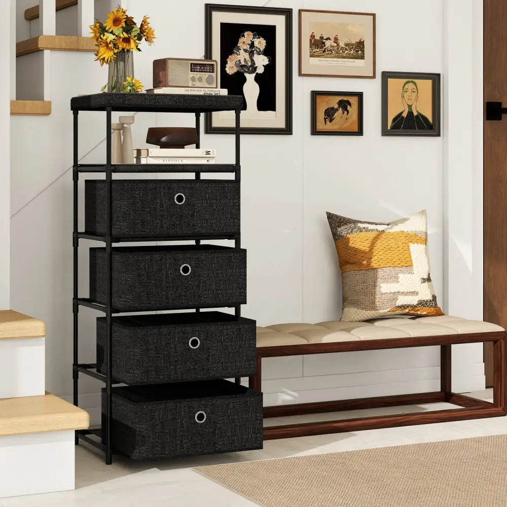 Dresser with 3/4 Drawers Fabric Storage Tower with Wood Top and Metal Frame-L - Black - Dressers & Chests