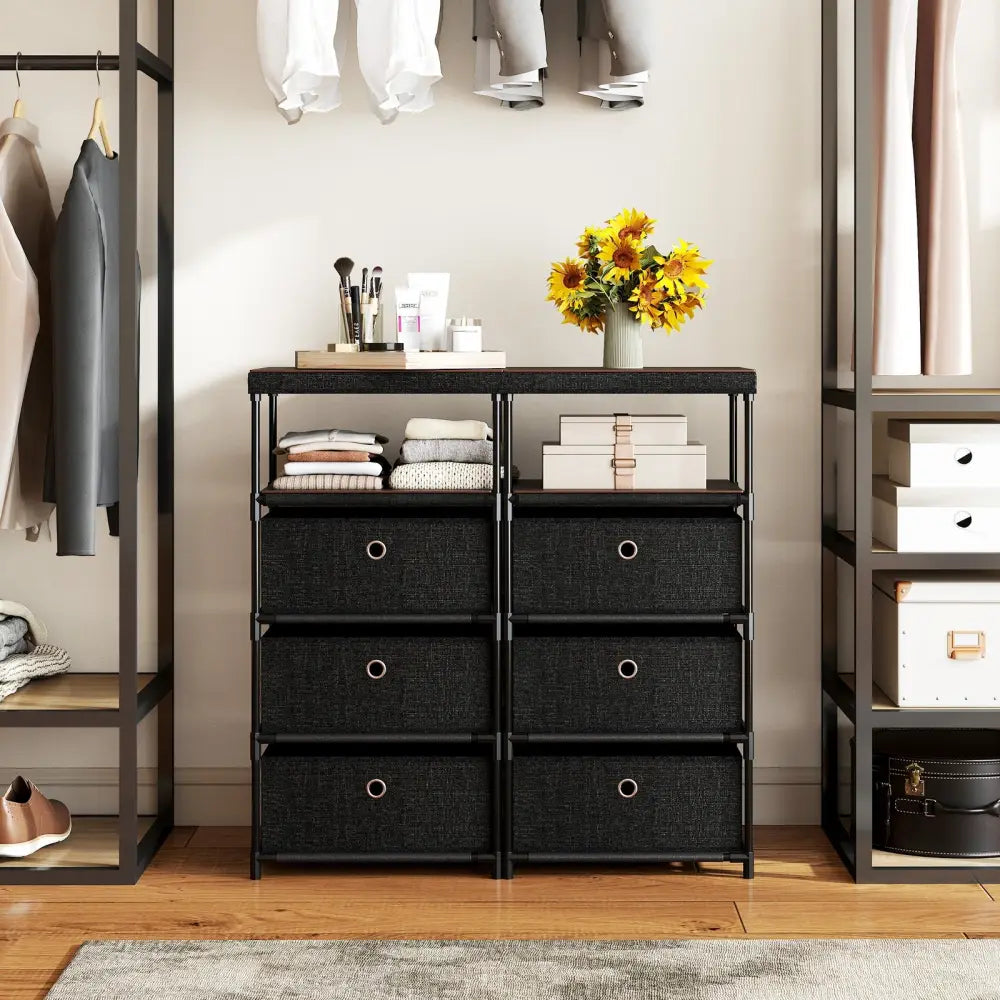 Dresser with 3/4 Drawers Fabric Storage Tower with Wood Top and Metal Frame-M - Black - Dressers & Chests
