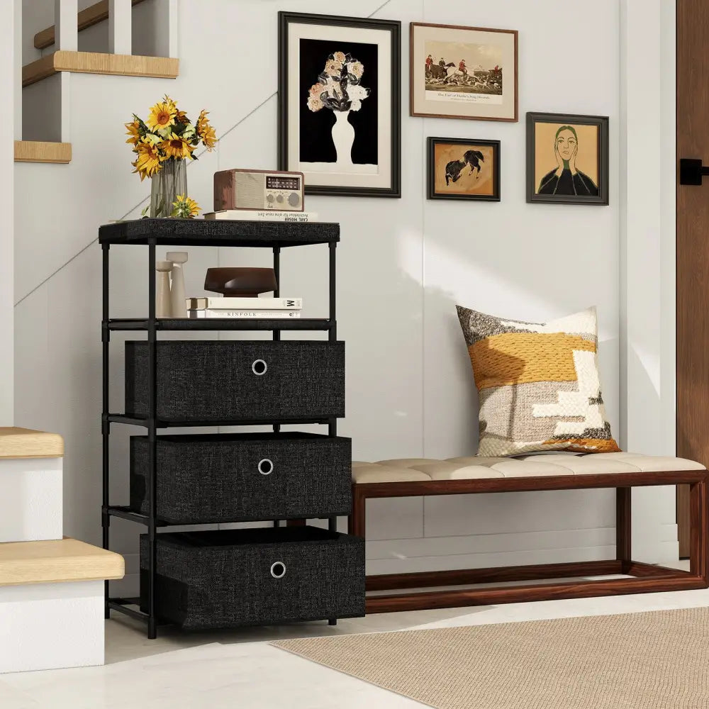 Dresser with 3/4 Drawers Fabric Storage Tower with Wood Top and Metal Frame-M - Black - Dressers & Chests