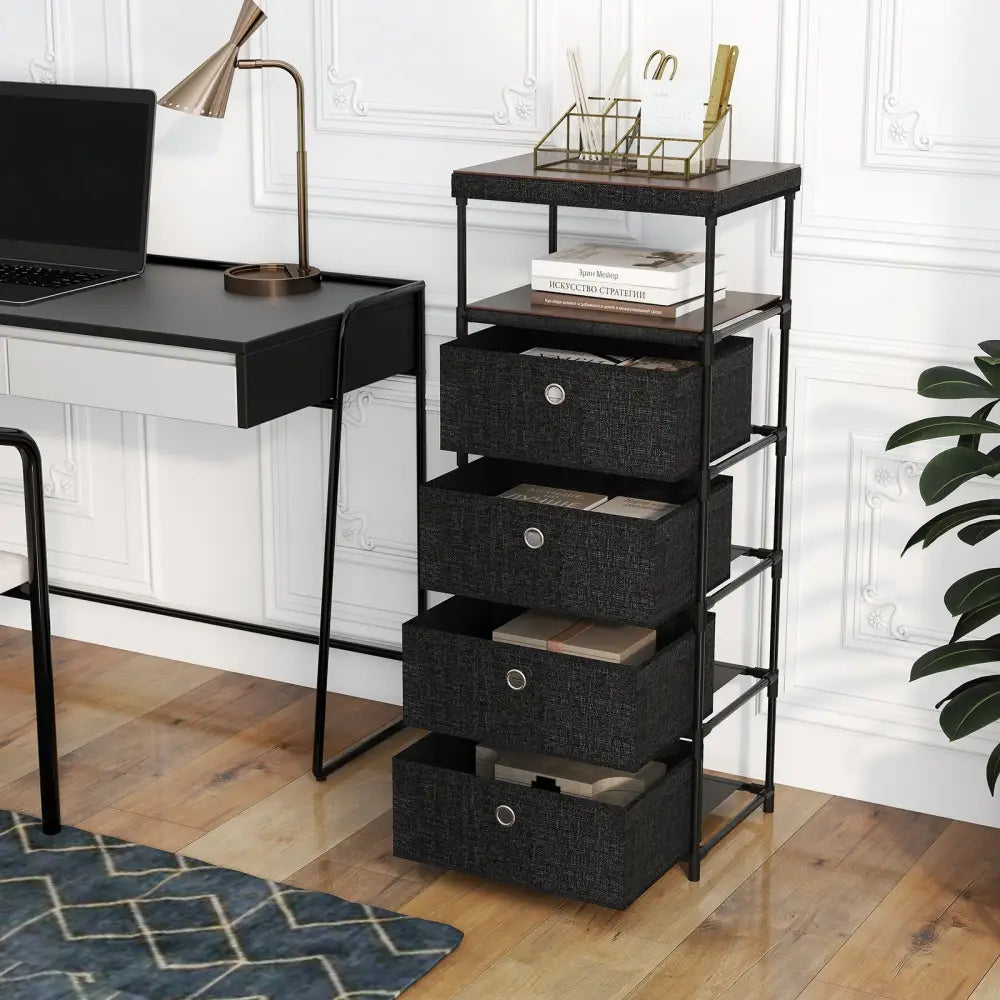 Dresser with 3/4 Drawers Fabric Storage Tower with Wood Top and Metal Frame-L - Black - Dressers & Chests