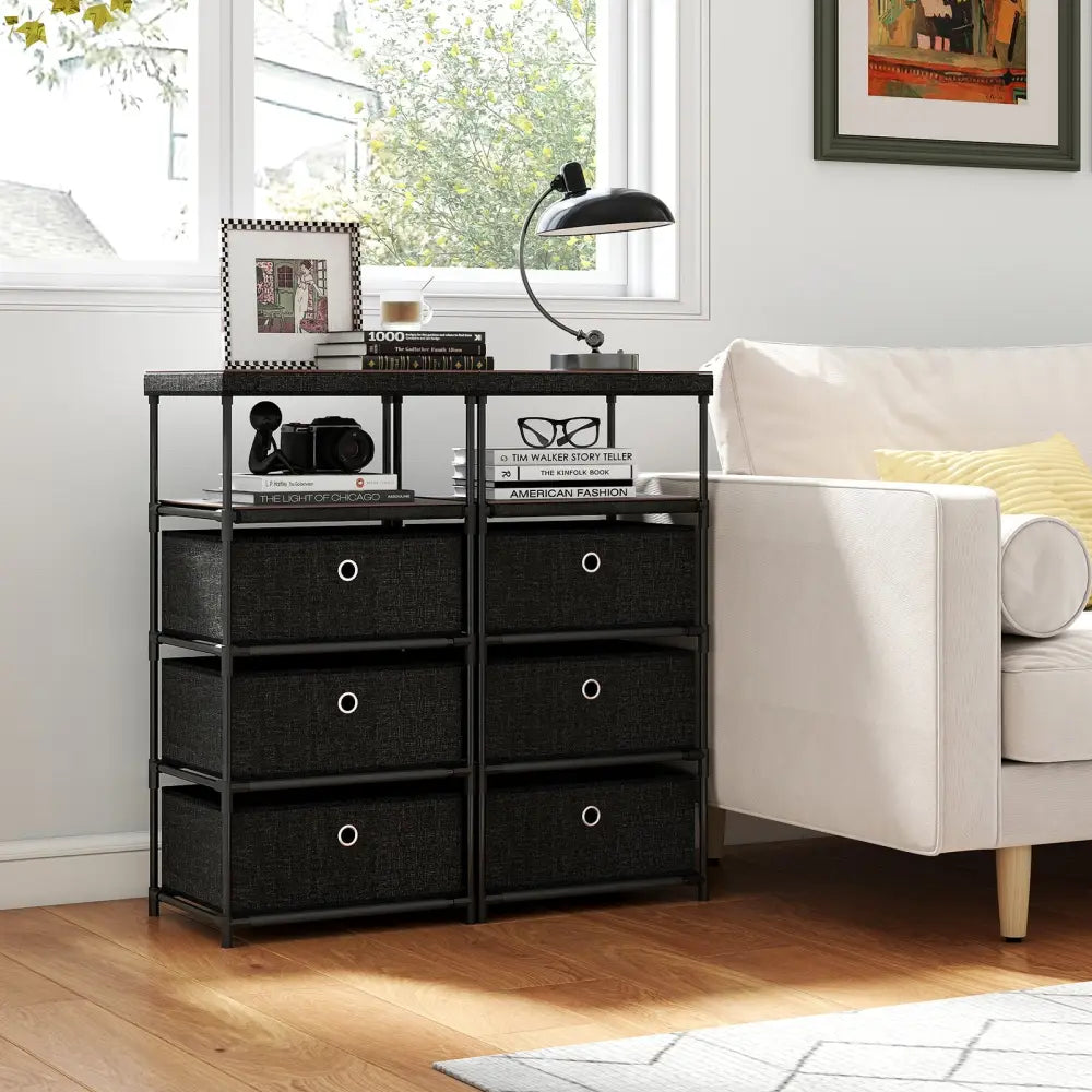 Dresser with 3/4 Drawers Fabric Storage Tower with Wood Top and Metal Frame-M - Black - Dressers & Chests