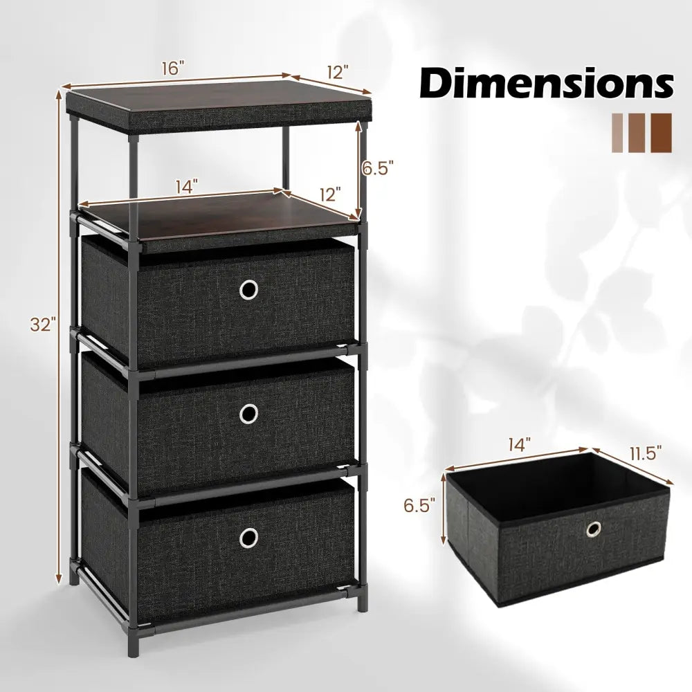 Dresser with 3/4 Drawers Fabric Storage Tower with Wood Top and Metal Frame-M - Black - Dressers & Chests