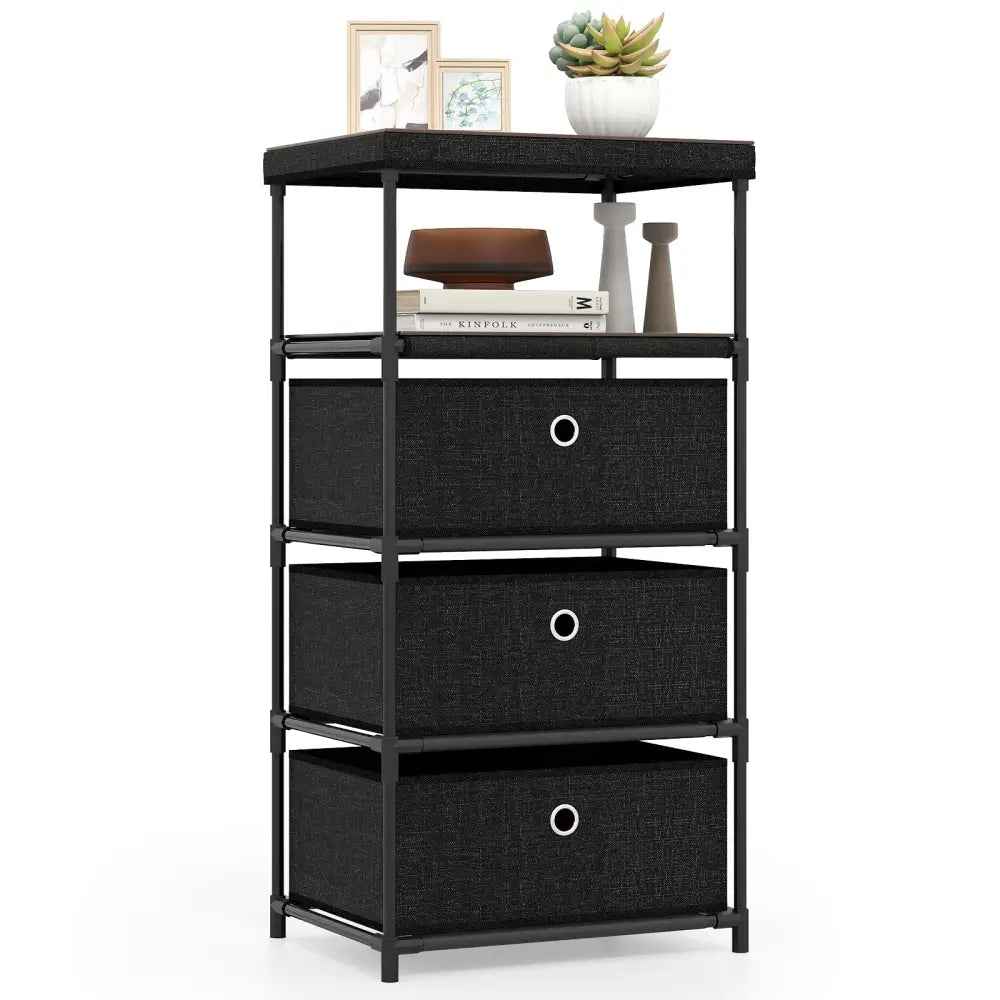 Dresser with 3/4 Drawers Fabric Storage Tower with Wood Top and Metal Frame-M - Black - Dressers & Chests