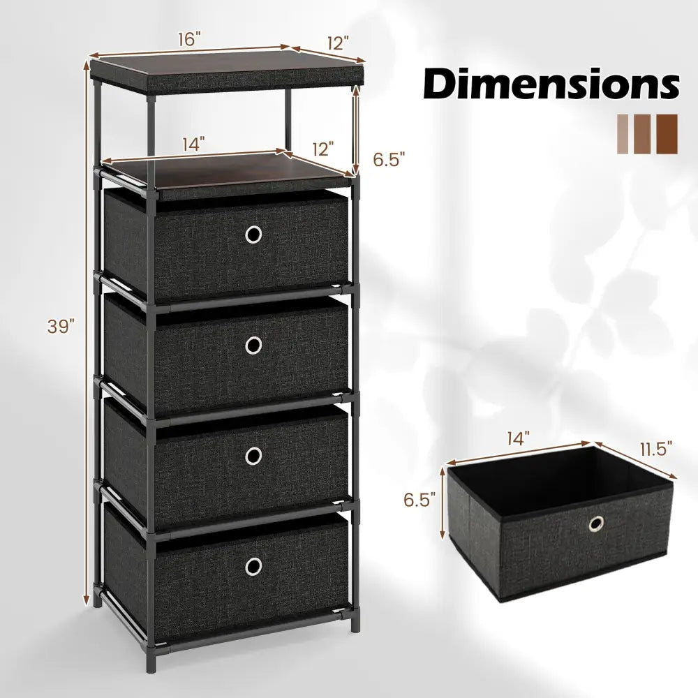 Dresser with 3/4 Drawers Fabric Storage Tower with Wood Top and Metal Frame-L - Black - Dressers & Chests